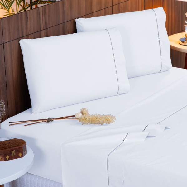 Jogo de Cama King 140 fios Ponto Palito Branco Valle Enxovais 4 peças