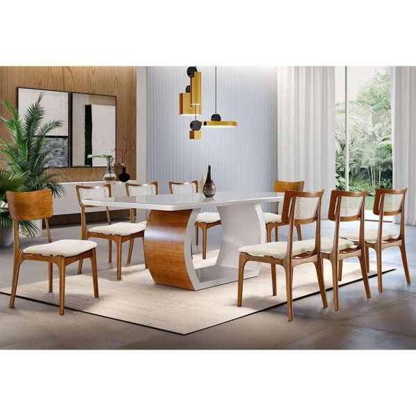 Conjunto de Mesa de Jantar Retangular com Tampo de Vidro Off White Zeus e 8 Cadeiras Gold Linho Creme e Imbuia