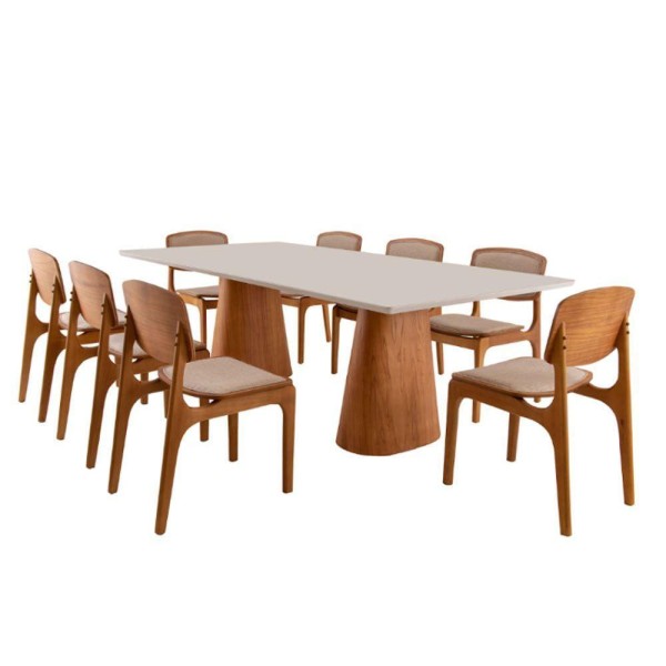 Encontraproduto.com.br - Conjunto Mesa Noronha Com Vidro E 8 Cadeiras Malta Moderna Linho Palha Off White Imbuia