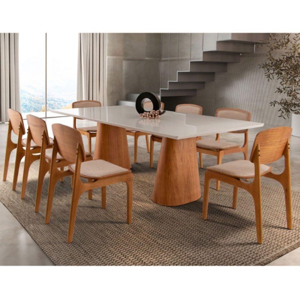 Conjunto Mesa Noronha Com Vidro E 8 Cadeiras Malta Moderna Linho Palha Off White Imbuia