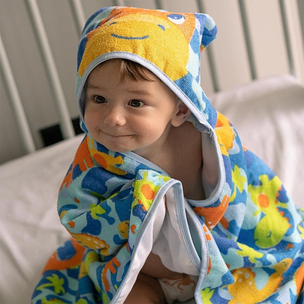 Encontraproduto.com.br - Toalha c/ capuz atoalhado e forro em fralda para bebê Dinossauro Funny - Baby Joy