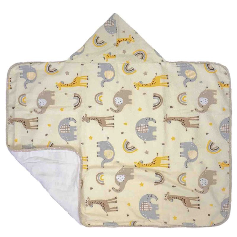 TOALHA DE BANHO BEBE COM CAPUZ BUBLIM PETIT ESTAMPADA C/FORRO FRALDA 67CMX90CM PCT C/01UN //GIRAFA CREME