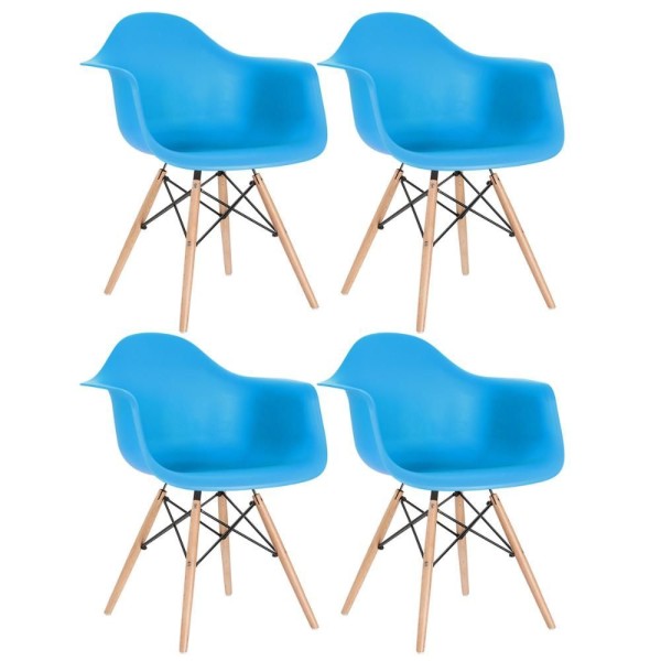 Kit 4 Cadeiras Charles Eames Eiffel Daw Com Braços E Pés De Madeira Clara Azul Céu