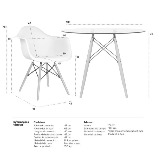 Encontraproduto.com.br - Mesa Redonda Eames Com Tampo De Vidro 100 Cm + 4 Cadeiras Eiffel Daw Marrom Marrom