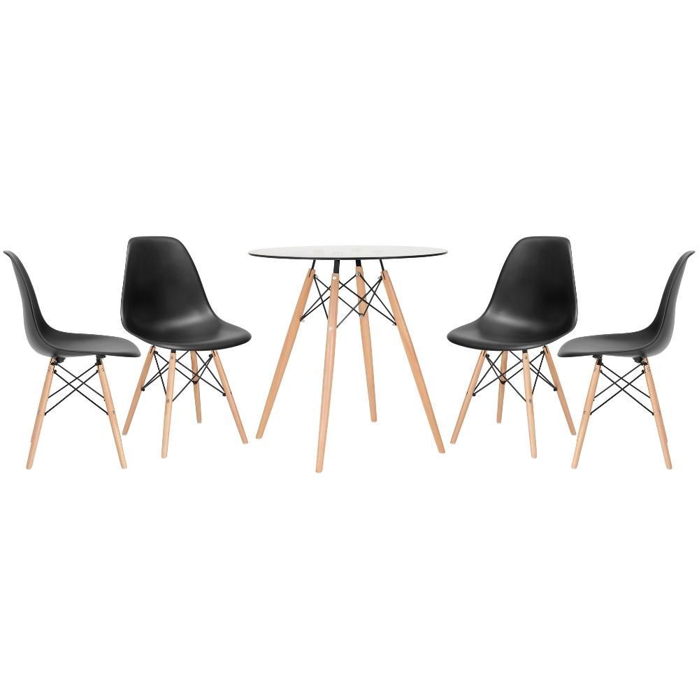 Mesa Redonda Eames Com Tampo De Vidro 70 Cm + 4 Cadeiras Eiffel Dsw Preto