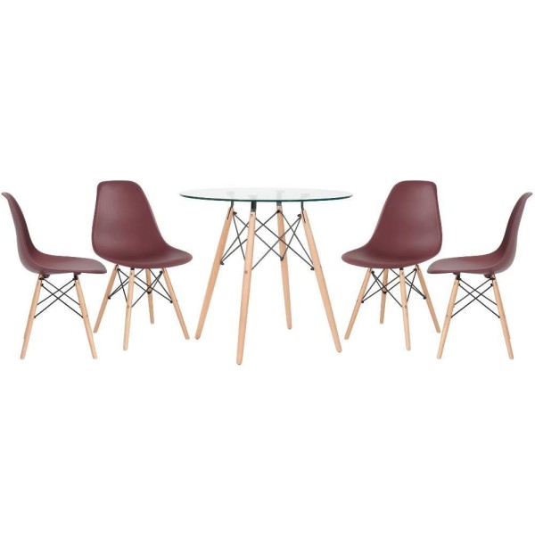 Encontraproduto.com.br - Mesa Redonda Eames Com Tampo De Vidro 80 Cm + 4 Cadeiras Eiffel Dsw Marrom