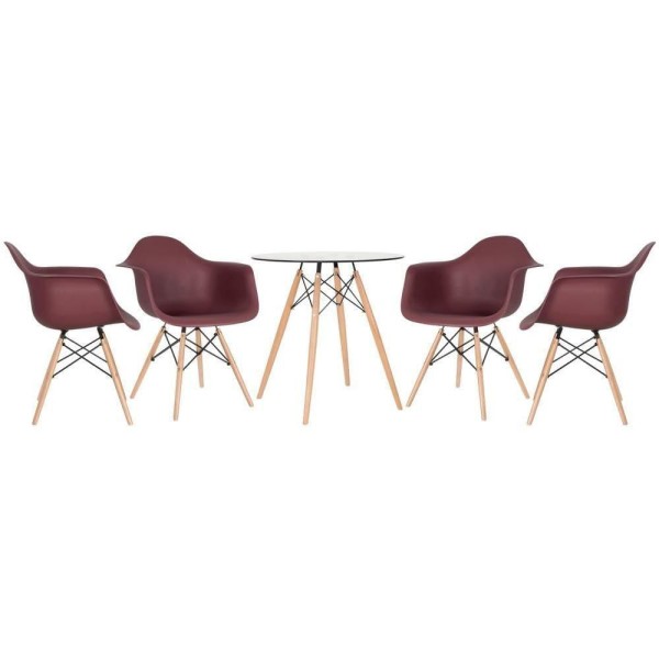 Mesa Redonda Eames Com Tampo De Vidro 70 Cm + 4 Cadeiras Eiffel Daw Marrom