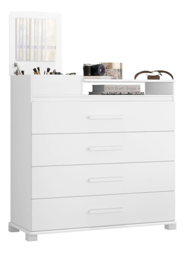 Cômoda Munique Flex com 4 Gavetas e Organizador/Espelho - Branco