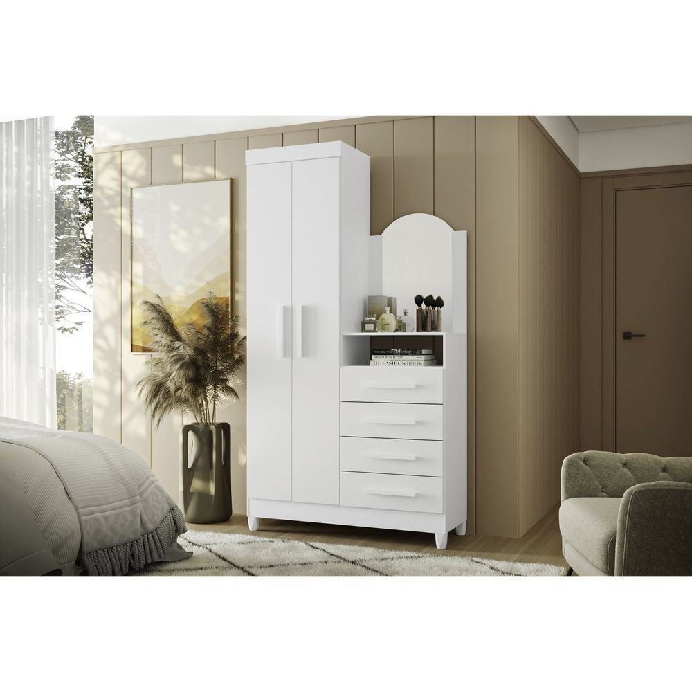 Cômoda Com Espelho 2 Portas 4 Gavetas Capri Quadriflex - Branco, Azul Matte, Rosa Matte Titani