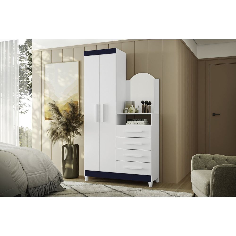 Encontraproduto.com.br - Cômoda Com Espelho 2 Portas 4 Gavetas Capri Quadriflex - Branco, Azul Matte, Rosa Matte Titani