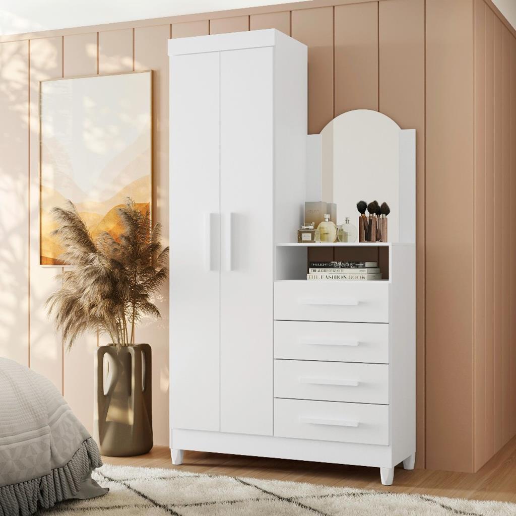 Encontraproduto.com.br - Cômoda Com Espelho 2 Portas 4 Gavetas Capri Quadriflex - Branco, Azul Matte, Rosa Matte Titani