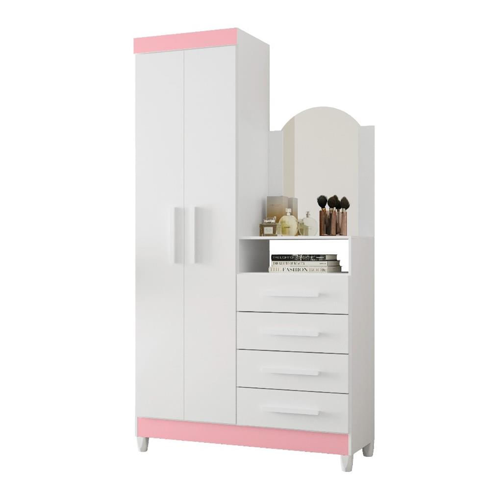 Encontraproduto.com.br - Cômoda Com Espelho 2 Portas 4 Gavetas Capri Quadriflex - Branco, Azul Matte, Rosa Matte Titani