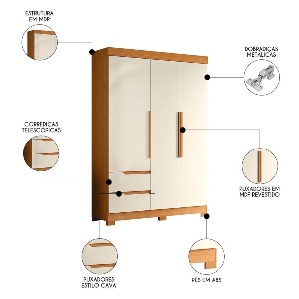 Encontraproduto.com.br - Guarda Roupa Vivacce Solteiro Quarto Com 3 Portas 2 Gavetas Cinamomo/off White Cinamomo/off White