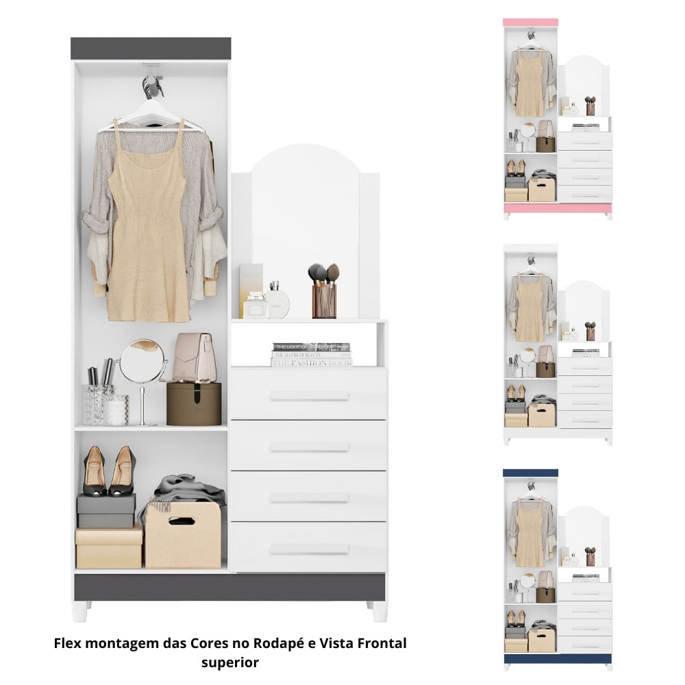 Encontraproduto.com.br - Guarda Roupa Solteiro Flex com Espelho e Pés e Cômoda 2 Portas 4 Gavetas New Capri Albatroz