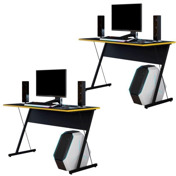 Encontraproduto.com.br - Kit 02 Mesas Para Computador Notebook PC Gamer Kombat F01 Preto Amarelo - Lyam Decor
