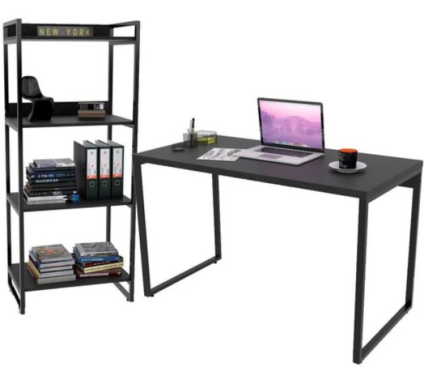 Kit Mesa Para Escritório Com Estante 4 Prateleiras Industrial Form 120 Cm Preto Onix - Lyam Decor