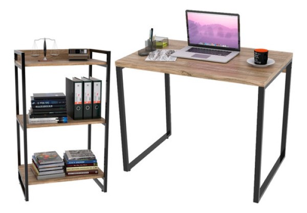Encontraproduto.com.br - Kit Mesa Para Escritório Com Estante 90 Cm Carvalho