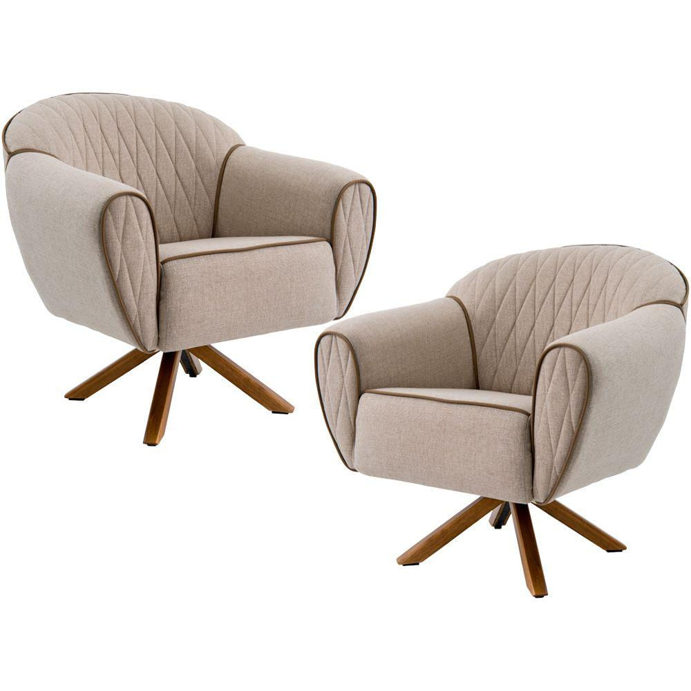Kit 02 Poltronas Decorativas Base Giratória de Madeira Nina D02 Tressê Bege Rústico D-470  - Lyam Decor