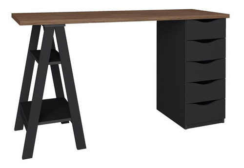 Mesa P/ Escritório Escrivaninha 5 Gavetas Nogal Preto