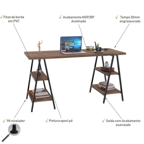 Encontraproduto.com.br - Kit Mesa Cavalete 150 Cm Com Estante 3 Prateleiras Nogal