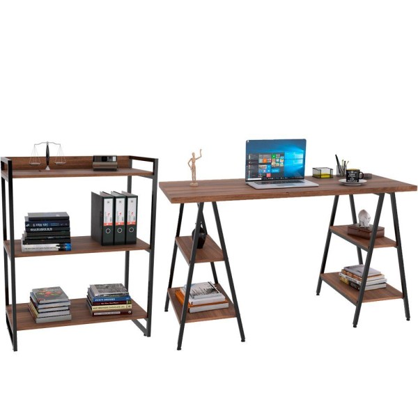 Encontraproduto.com.br - Kit Mesa Cavalete 150 Cm Com Estante 3 Prateleiras Nogal