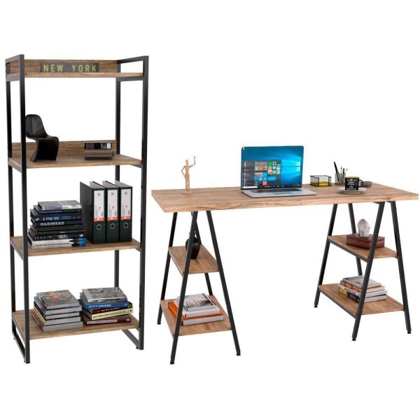 Encontraproduto.com.br - Mesa Cavalete 135 Cm E Estante 4 Prateleiras Form Carvalho
