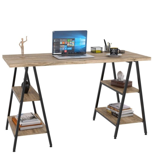 Encontraproduto.com.br - Mesa Cavalete 135 Cm E Estante 4 Prateleiras Form Carvalho