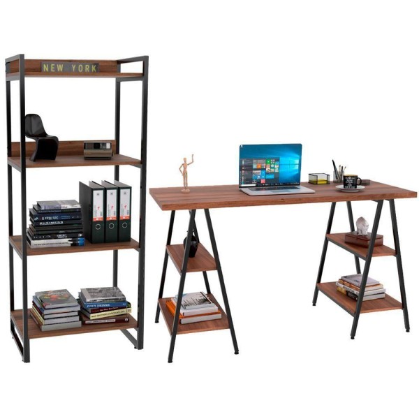 Kit Mesa Cavalete 135 Cm Com Estante 4 Prateleiras Nogal