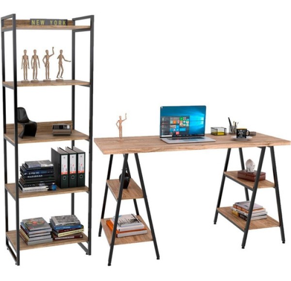 Kit Mesa Cavalete 135 cm com Estante 5 Prateleiras Estilo Industrial Form C01 Carvalho - Lyam Decor