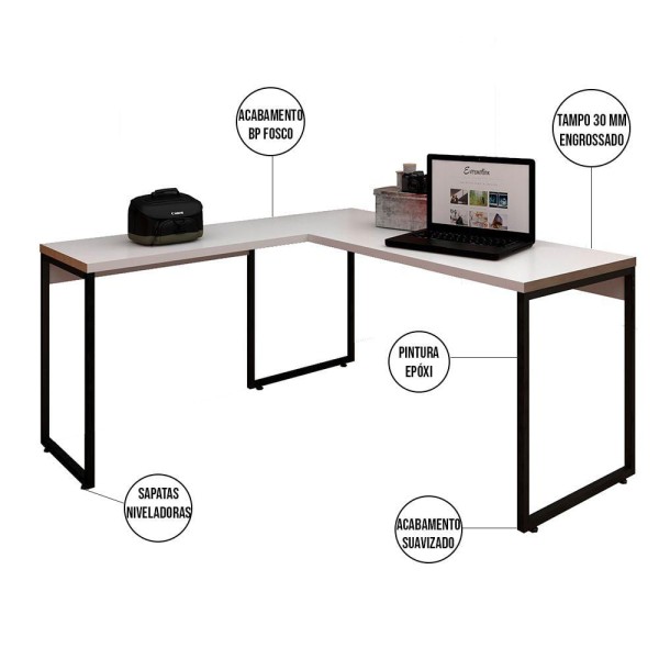 Encontraproduto.com.br - Kit Mesa Para Escritório Em L 150cm Com Estante Branco