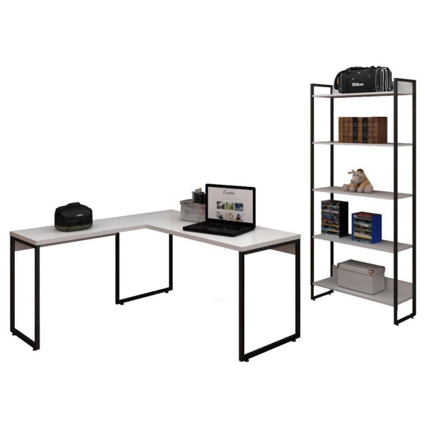 Encontraproduto.com.br - Kit Mesa Para Escritório Em L 150cm Com Estante Branco