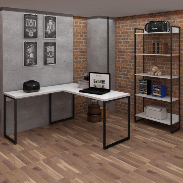 Encontraproduto.com.br - Kit Mesa Para Escritório Em L 150cm Com Estante Branco