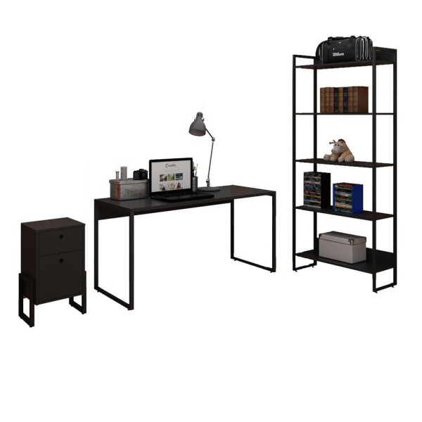 Encontraproduto.com.br - Kit Para Escritório Estante com Mesa Industrial Soft 150cm e Gaveteiro Work F01 Preto - Lyam Decor