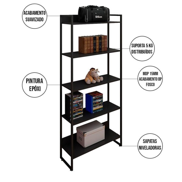 Encontraproduto.com.br - Kit Para Escritório Estante com Mesa Industrial Soft 150cm e Gaveteiro Work F01 Preto - Lyam Decor