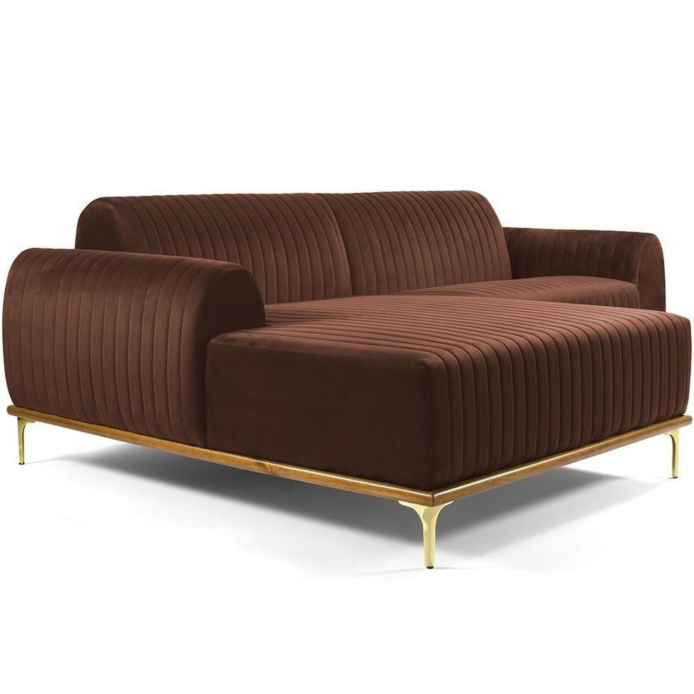 Sofá 5 Lugares Com Chaise Molino 300cm Veludo Marrom C-276