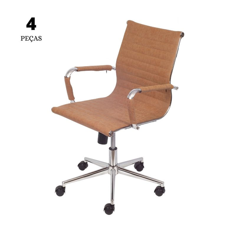 Conjunto com 4 Cadeiras Eames Office Esteririnha Retrô Caramelo Baixa com base Rodízio
