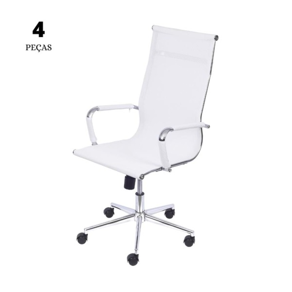 Conjunto com 4 Cadeiras Office Tela Branca Alta com base Rodízio