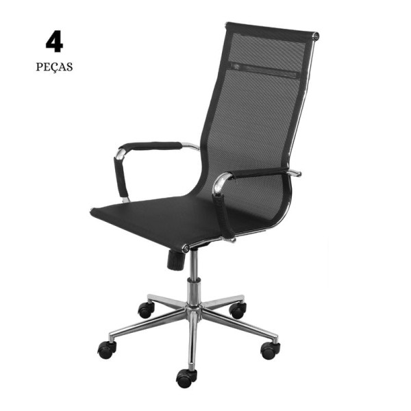 Conjunto com 4 Cadeiras Office Tela Preta Alta com base Rodízio