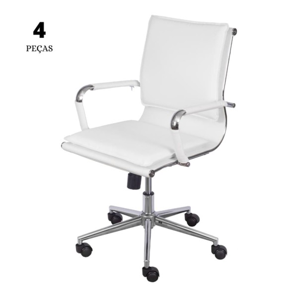 Conjunto com 4 Cadeiras Office Soft Baixa Branca com Base Cromada Rodízio