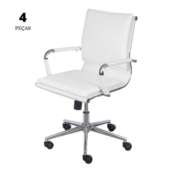 Encontraproduto.com.br - Conjunto com 4 Cadeiras Office Soft Baixa Branca com Base Cromada Rodízio
