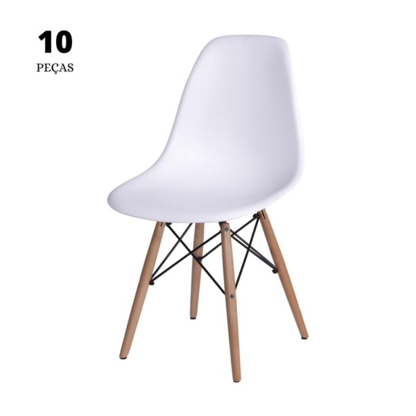 Conjunto com 10 Cadeiras Eames PP Branca base em Madeira