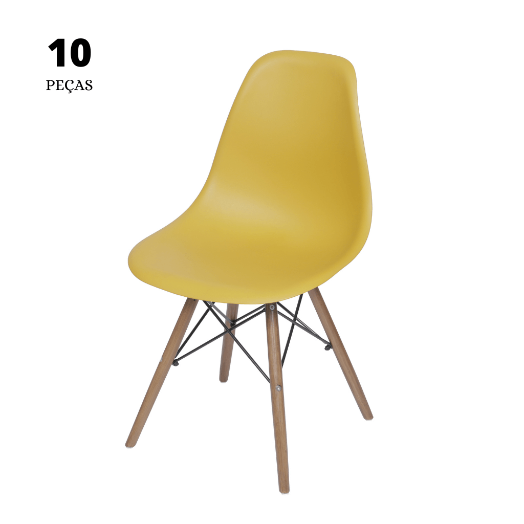 Conjunto com 10 Cadeiras Eames PP Amarela base de madeira