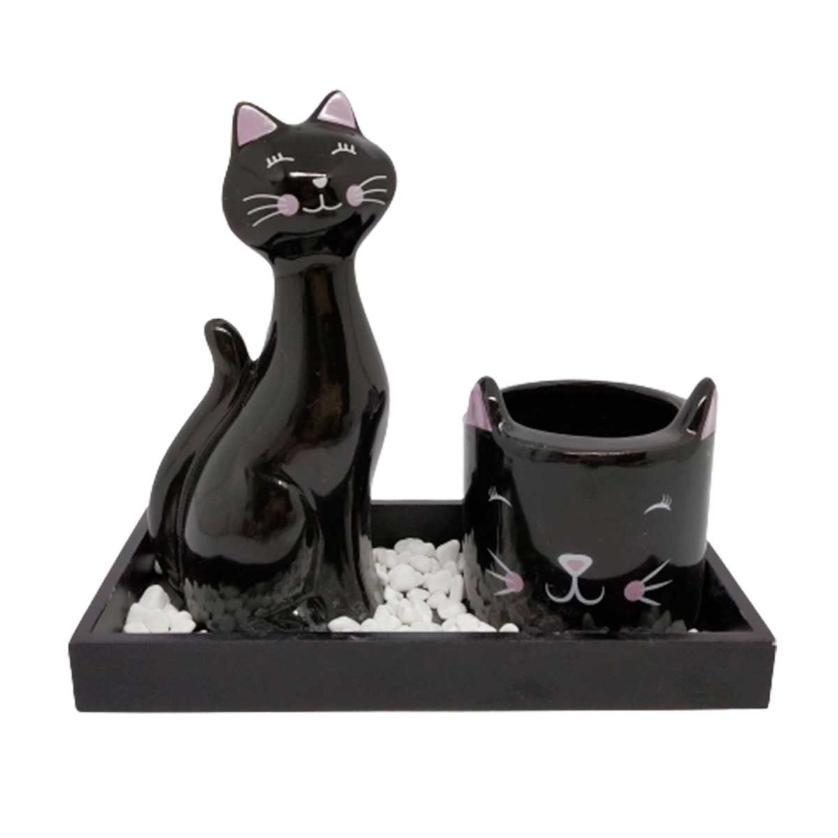 Kit Decorativo Gatinho C/ Suporte em Madeira e Cerâmica FWB