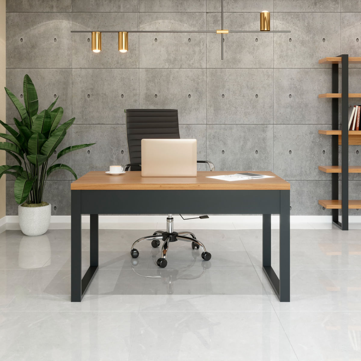 Encontraproduto.com.br - Mesa para Escritório 135x68 cm em MDF F20 Freijó/Preto Fosco Pradel Dalla Costa