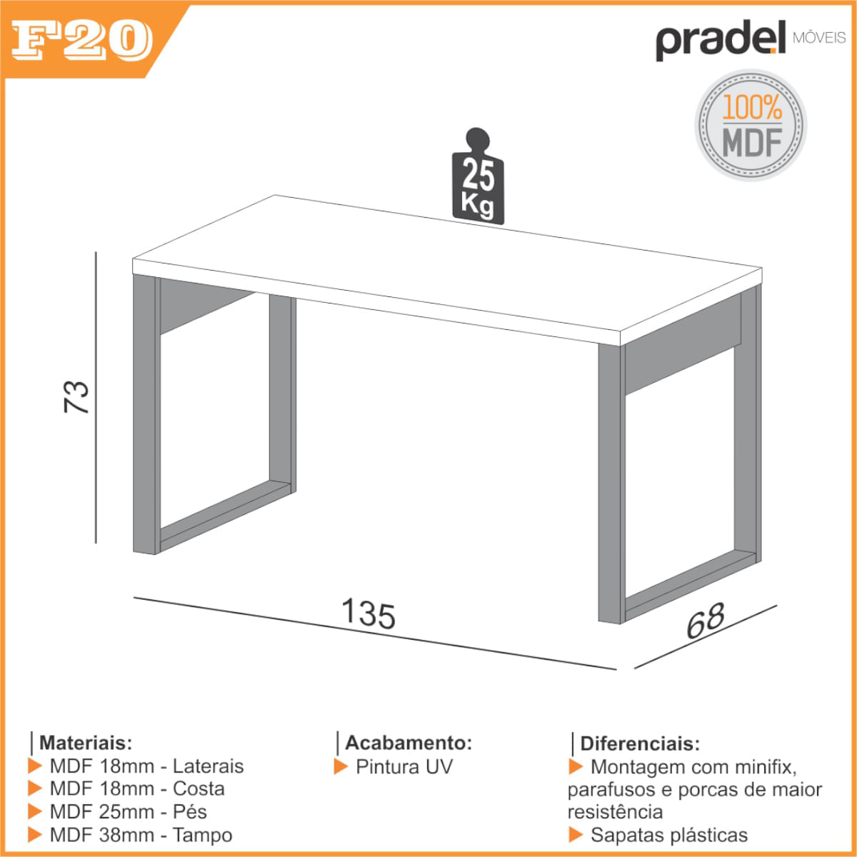 Encontraproduto.com.br - Mesa para Escritório 135x68 cm em MDF F20 Freijó/Preto Fosco Pradel Dalla Costa