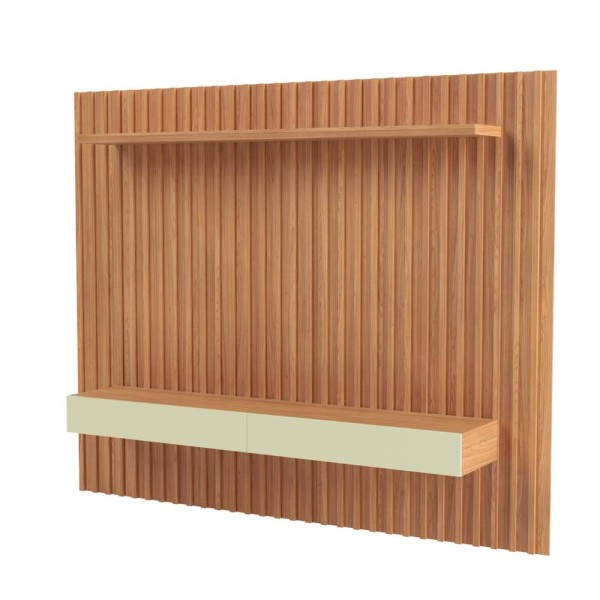 Painel Para TV Suspenso Ripado 223cm com 2 Gavetas PDL Freijó e Off White