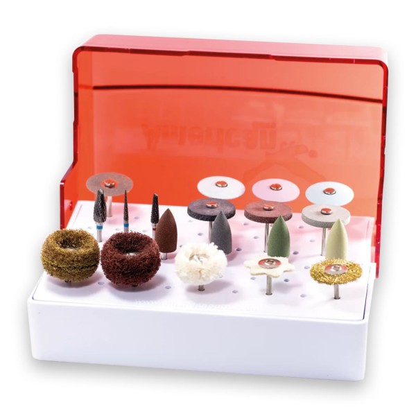 Encontraproduto.com.br - Kit Para Acabamento e Polimento Universal Com 19 Peças + Broqueiro - American Burrs
