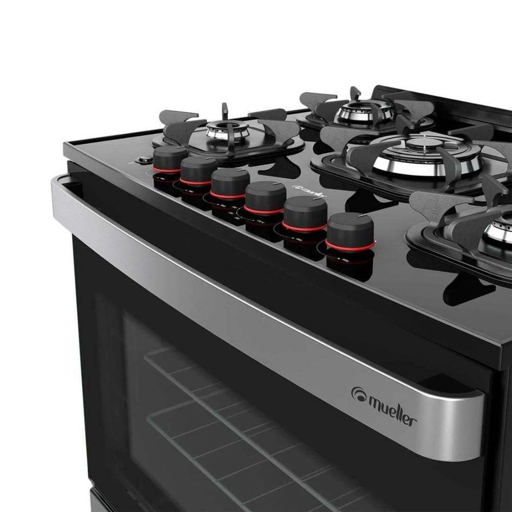 Encontraproduto.com.br - Fogão Mueller Piacere Vetro Piso 5 Bocas Preto Fosco G6 601230007 Bivolt
