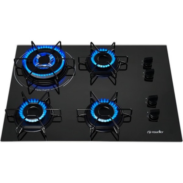 Encontraproduto.com.br - Cooktop Mueller 4 Bocas com Queimador Tripla Chama Preto MCG134BG1 Bivolt