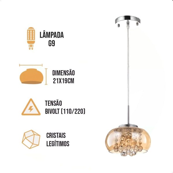 Encontraproduto.com.br - Luminárias Pendentes âmbar 22 Cm Cristal K9 Com Lâmpada Led âmbar 110v-220v